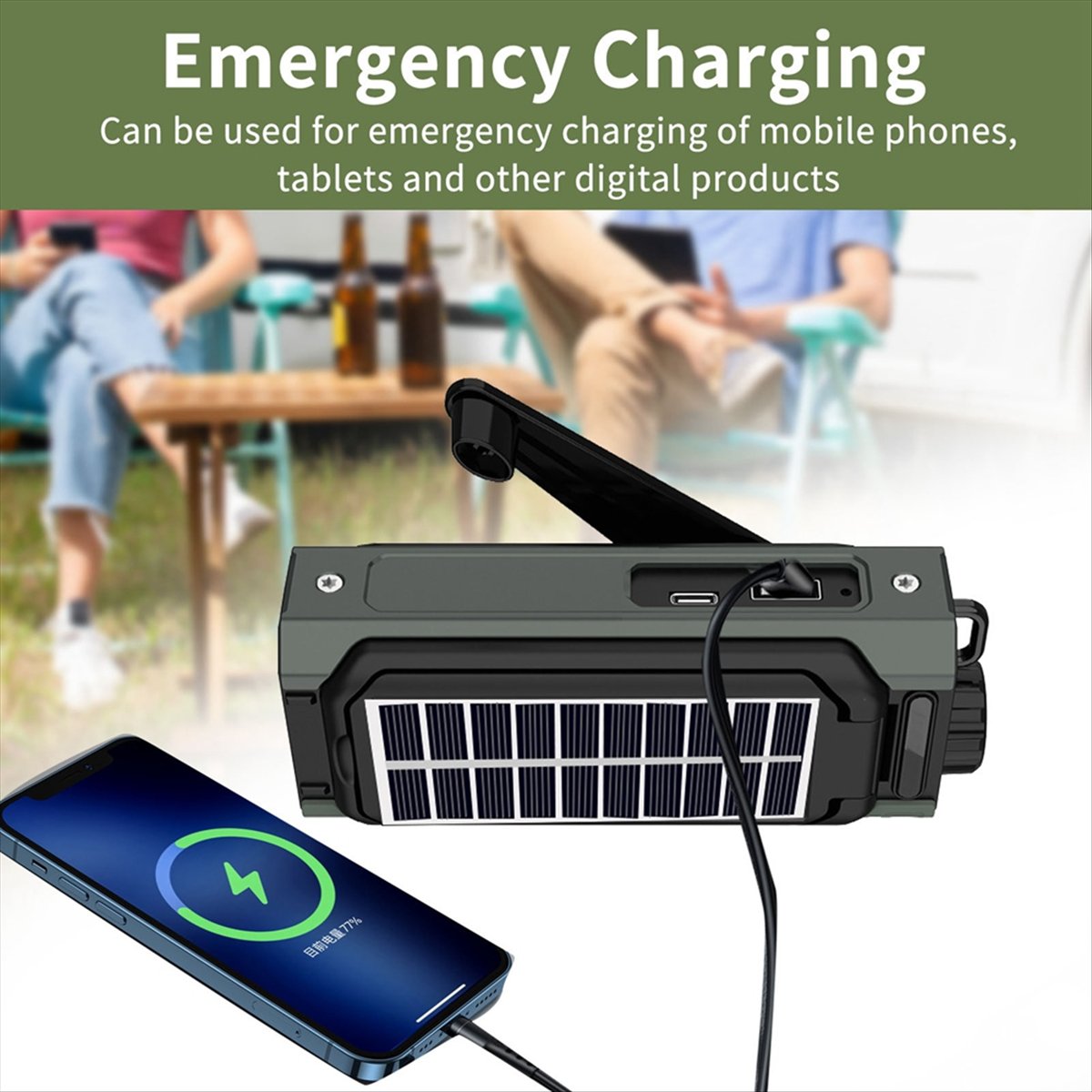 Solar Emergency Charger - A26Z ポータブルソーラーラジオ、緊急用手回しラジオ、ダイナモ AM/FM ラジオ、停電時電源装置、USB 電話充電器