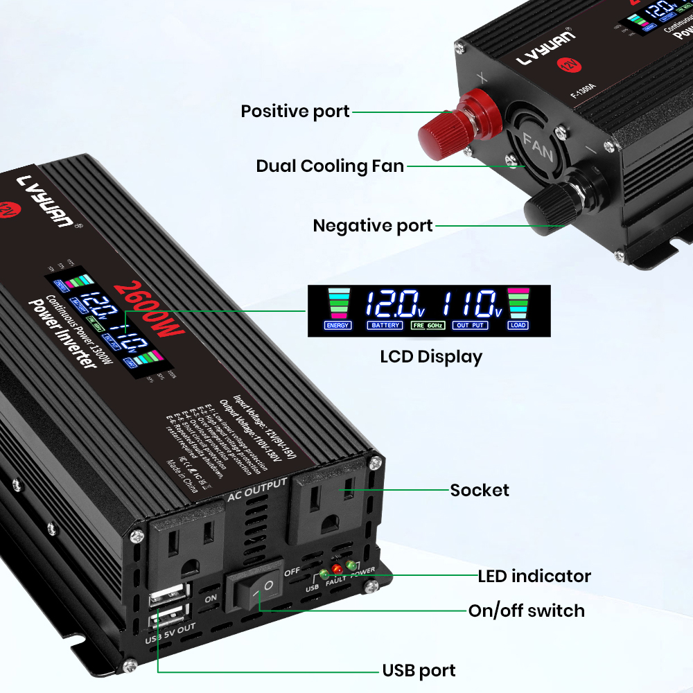 1500W 2000W 2600Wパワーインバーター DC  - Solar Emergency Charger のレビューと価格