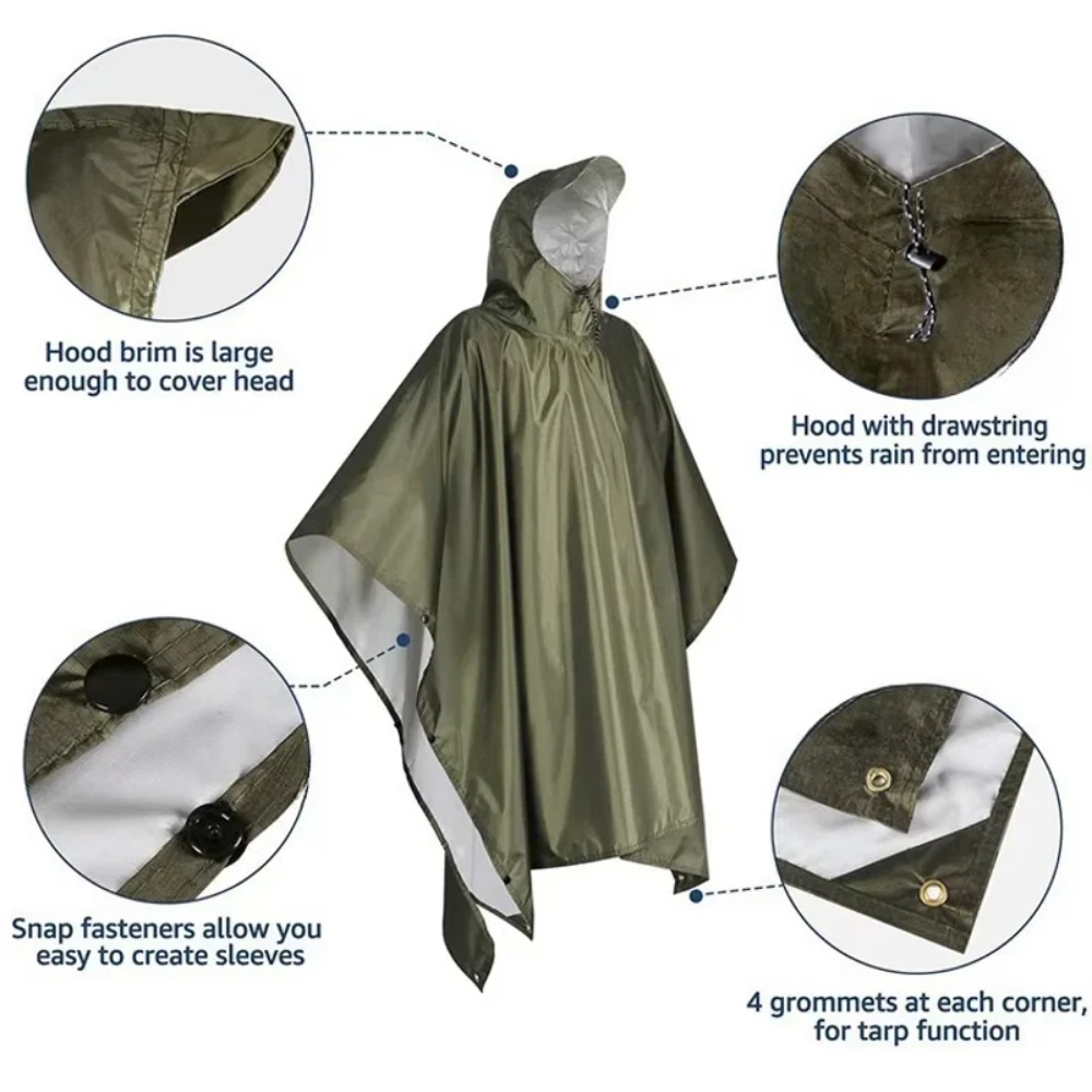 屋外多機能 3 in 1 軍用レインポンチョ フード付き防水 - Emergency Poncho Rain のレビューと価格