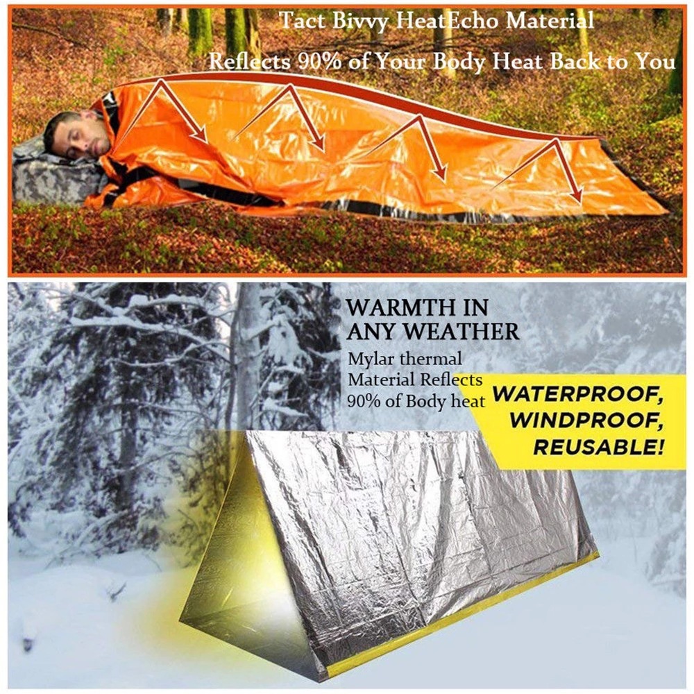 緊急用寝袋、サバイバルギアと備品用、ライフビビーサック、防水 - Emergency Mylar Tent のレビューと価格
